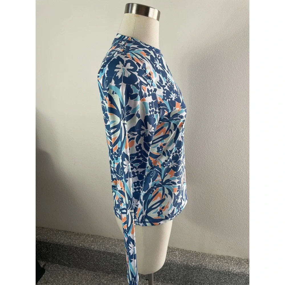 Roxy Women Small Blue Green Floral Tropical Long‎ Sleeve Rash Guard Swim Top